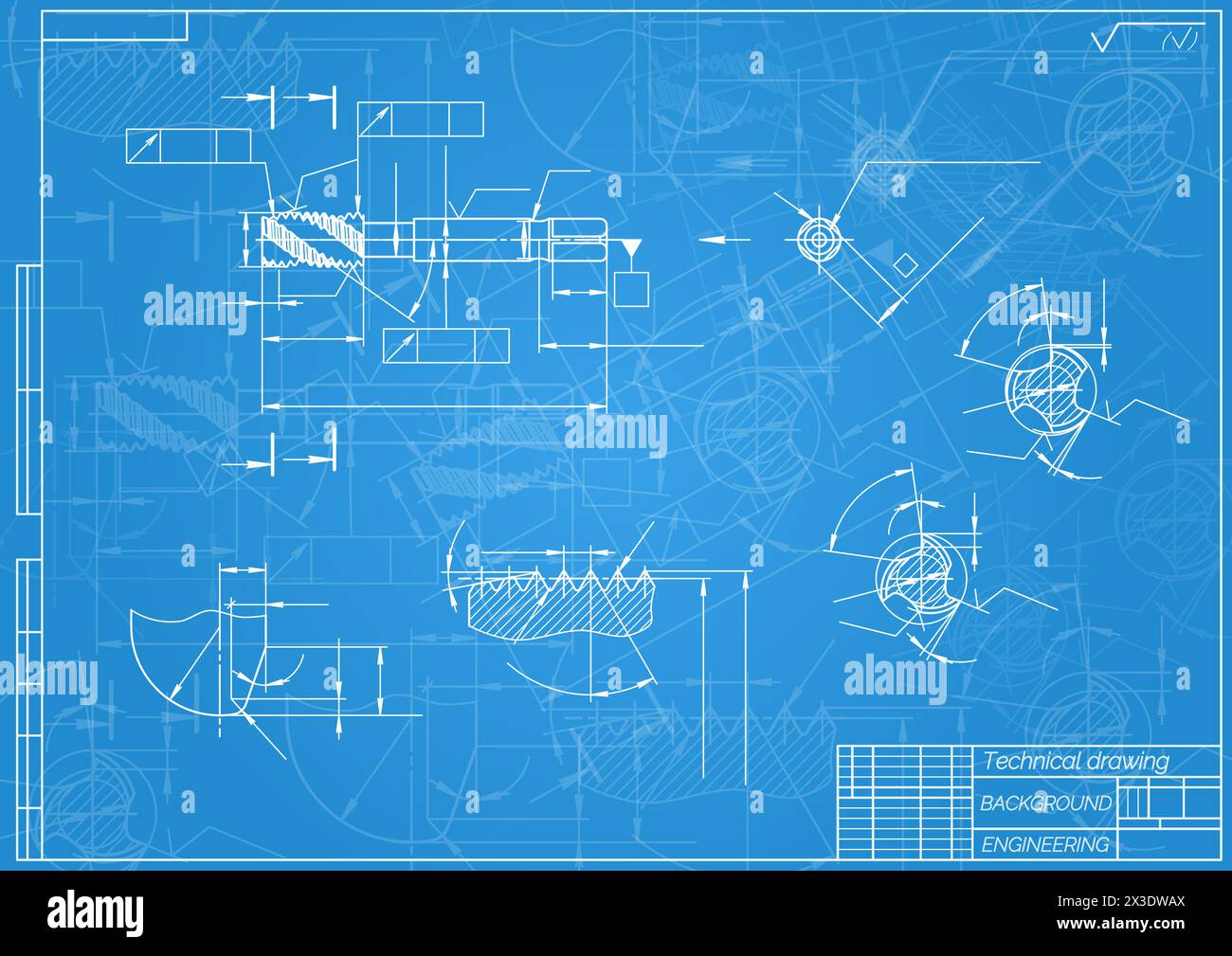 Mechanical engineering drawings on blue background. Tap tools, borer ...