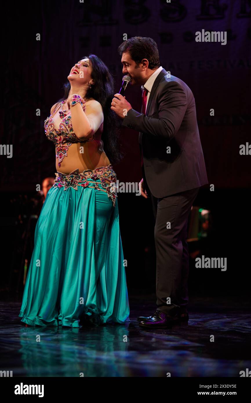 MOSCOW, RUSSIA - OCT 21, 2017: Nour and Yasser Alama organizers of 12th international festival of oriental dance ASSEMBLY 2017 on stage of Luna Theatr Stock Photo