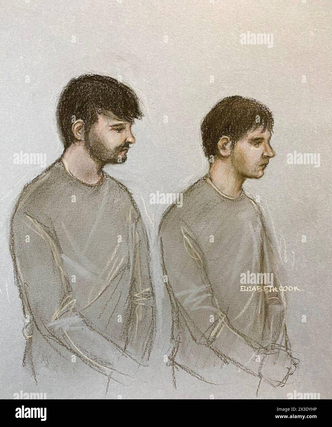 Court artist sketch by Elizabeth Cook of Dmitrijus Paulauska (left) and Jake Reeves appearing at Westminster Magistrates' Court, central London, who along with Paul English and Nii Mensah have been charged in connection with the case of a London arson plot. British man, Dylan Earl is accused of masterminding an arson plot on London businesses after allegedly being recruited as a Russian spy. Earl has been charged under the National Security Act 2023 - the first case to involve alleged offences under the new legislation. Issue date: Friday April 26, 2024. Stock Photo