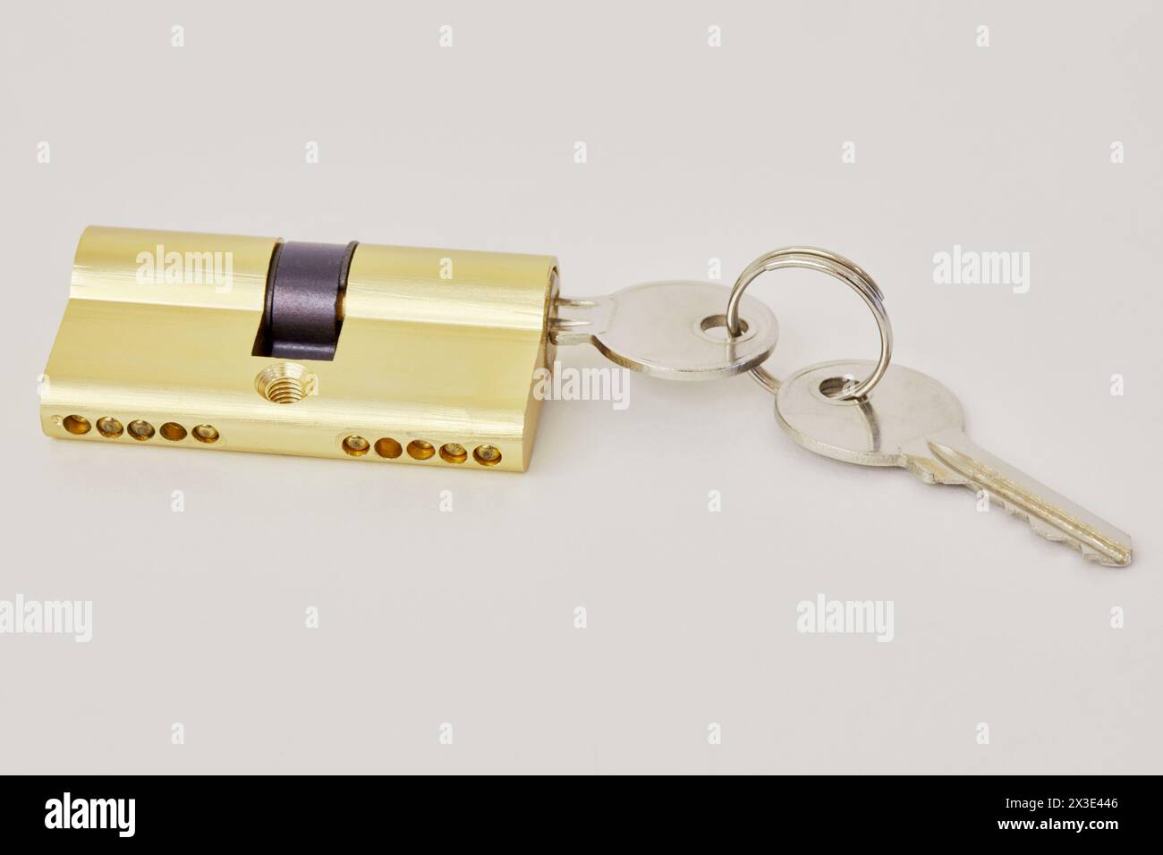 Pin tumbler lock internal mechanism and keys on white background Stock