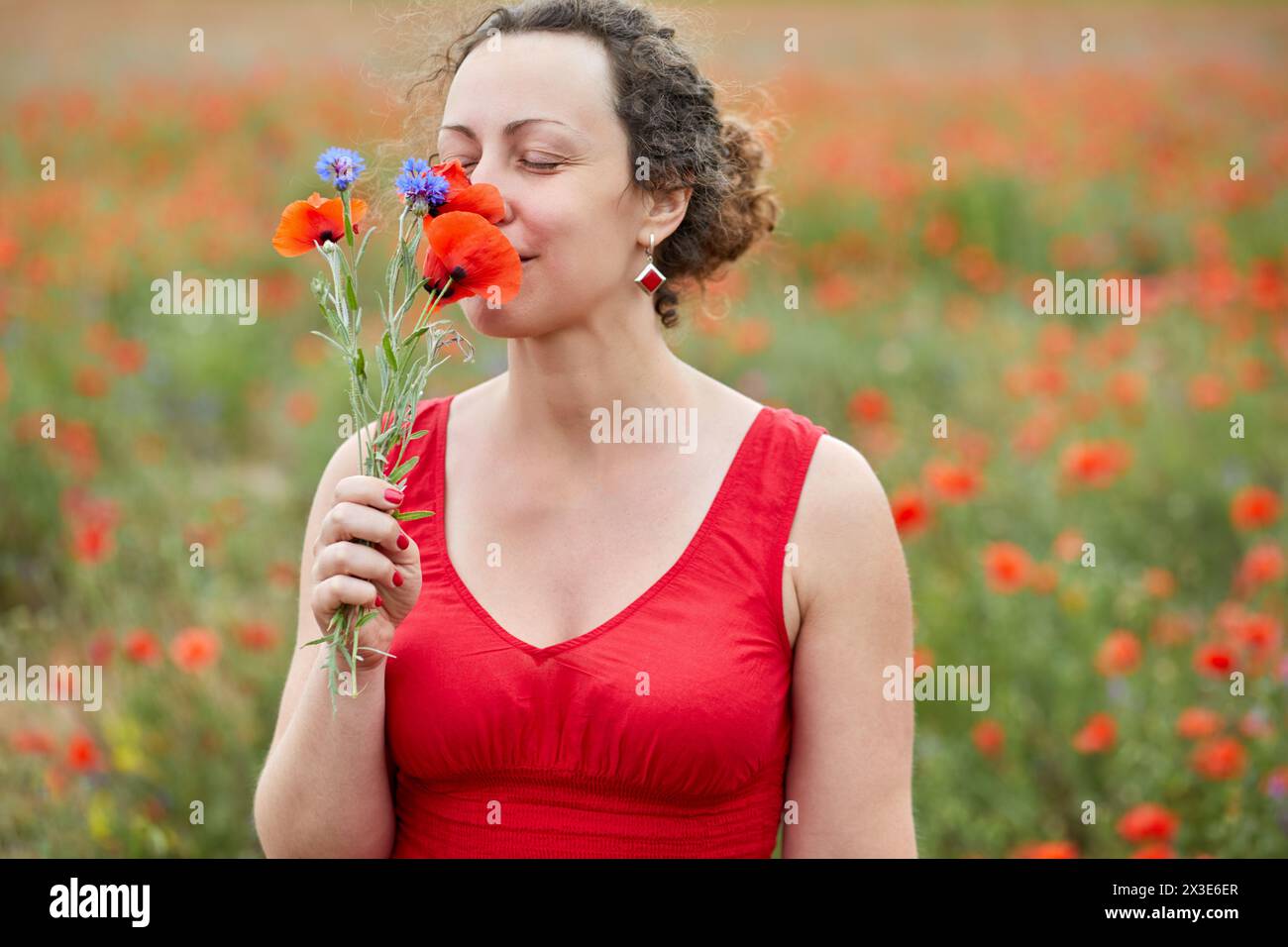 Portrait of woman in red dress sniffing bouquet of poppies and cornflowers on poppy field. Stock Photo