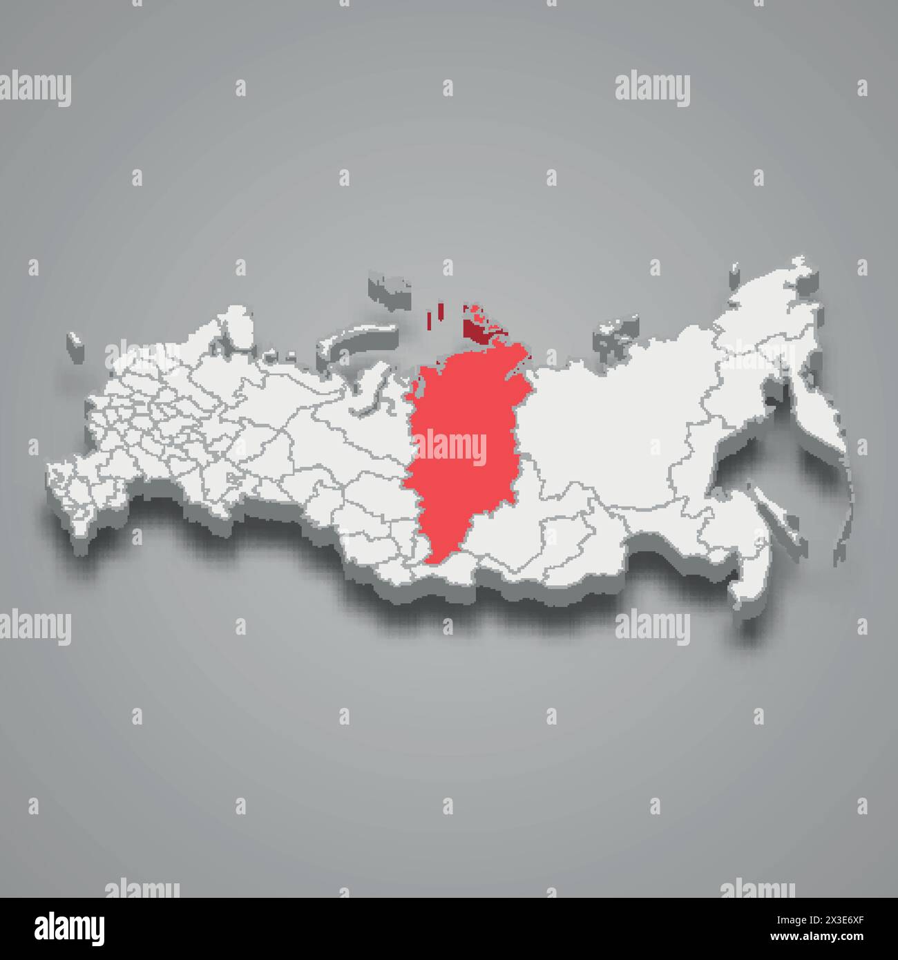 Krasnoyarsk region highlighted in red on a grey Russia 3d map Stock Vector