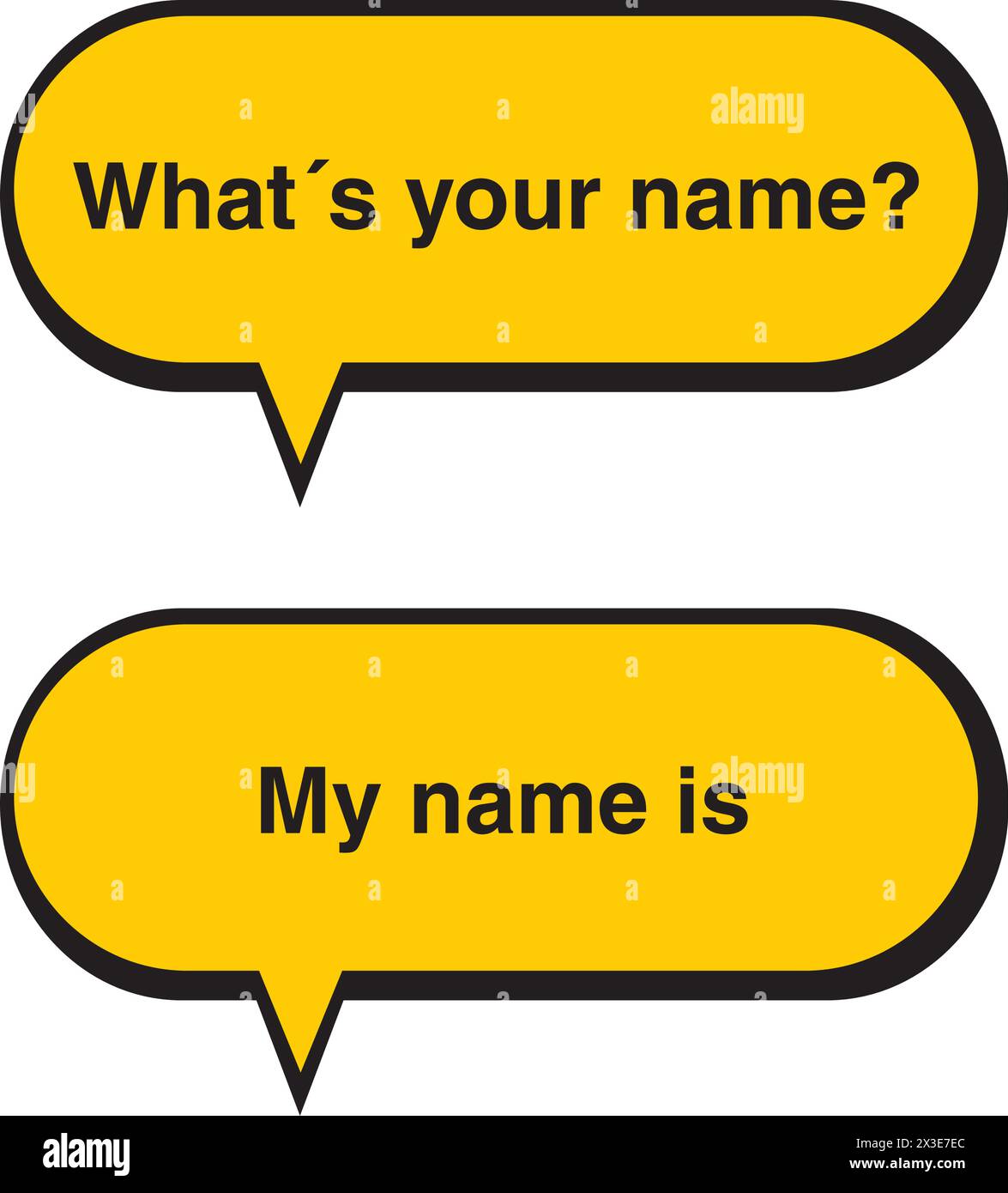 Whats your name and my name is yellow speech bubbles on a white background Stock Vector