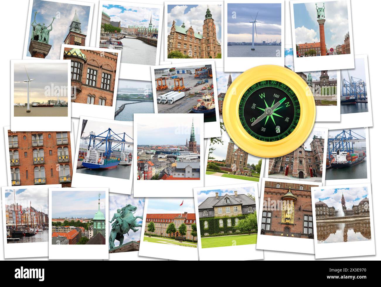 Collage with Copenhagen (Denmark) photos and compass - Little Mermaid statue,osenborg Castle, Monument to Bishop Absalon Stock Photo