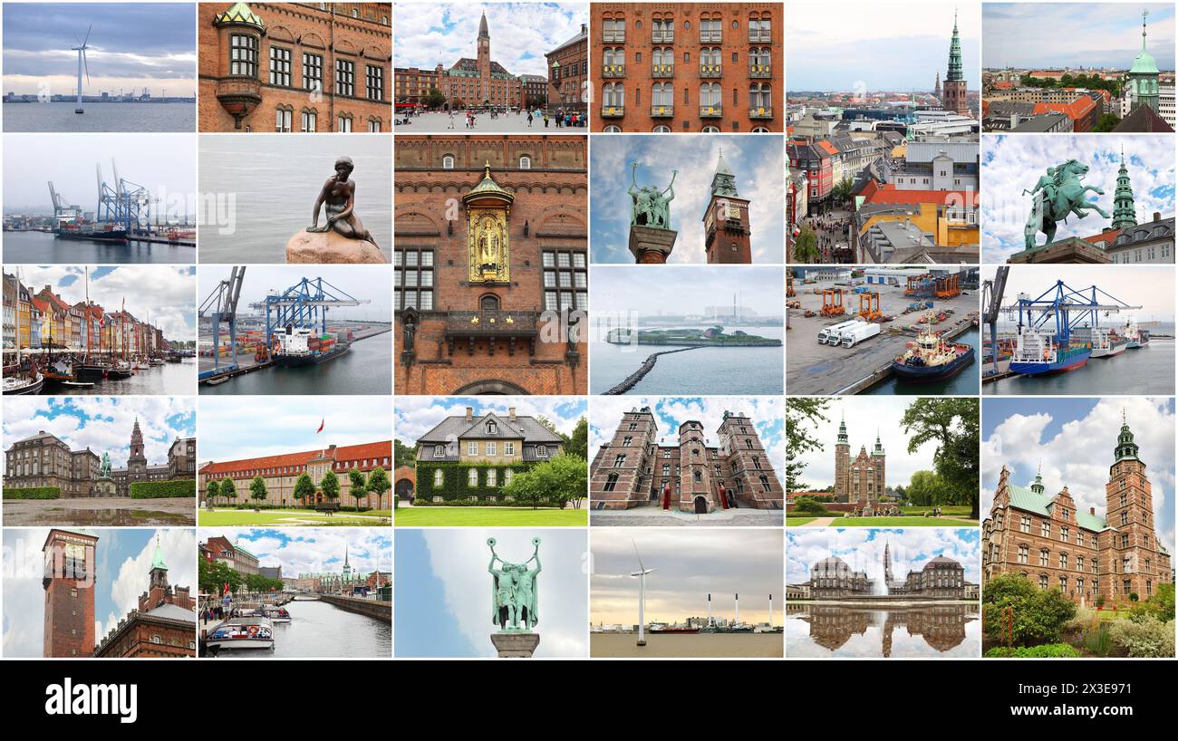 Collage with Copenhagen (Denmark) views - Little Mermaid statue, cargo ships, Rosenborg Castle, Monument to Bishop Absalon Stock Photo