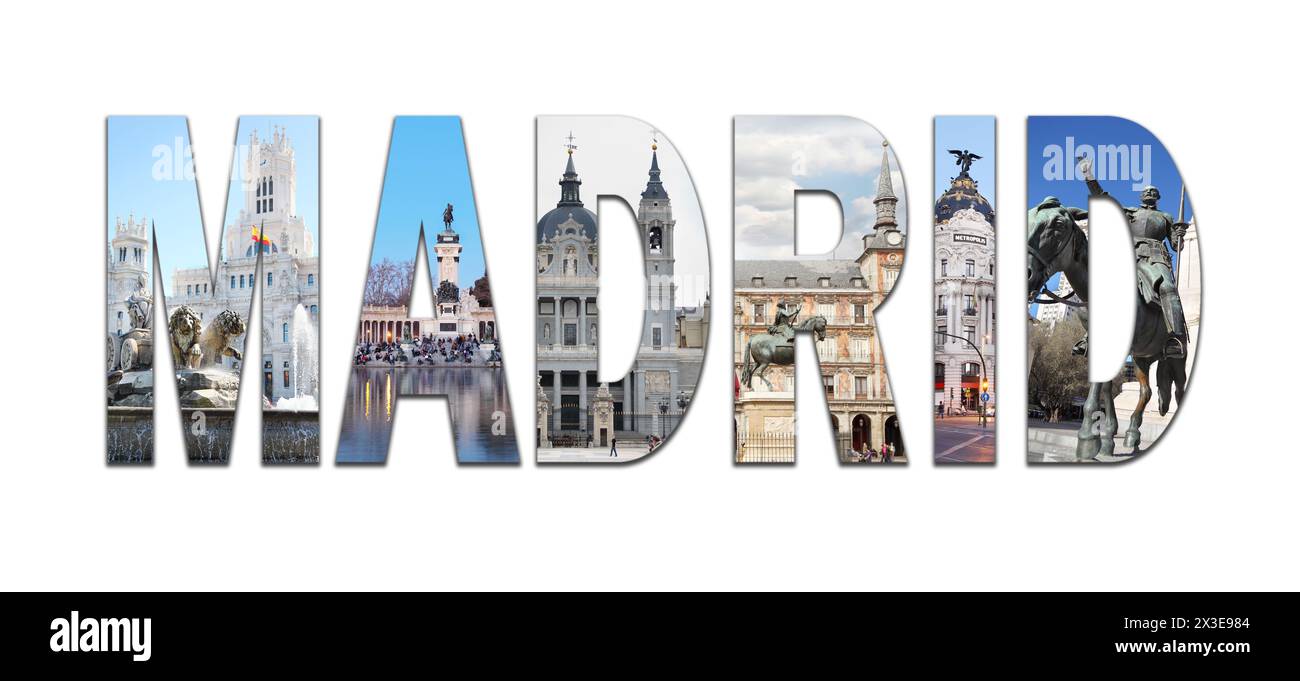 Collage with Madrid letters with views - Plaza Mayor, Cibeles Fountain, Retiro Park, Cathedral of Nuestra Senora de la Almudena Stock Photo