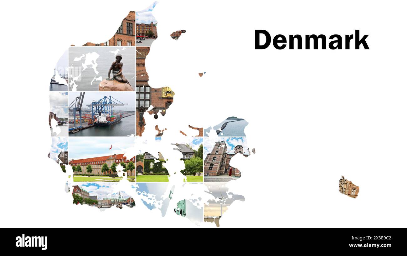 Map of Denmark with Copenhagen views - Little Mermaid statue, cargo ships, castles Stock Photo