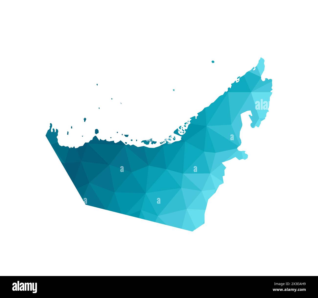 Vector illustration with simplified blue silhouette of United Arab Emirates, UAE map. Polygonal triangular style. White background. Stock Vector
