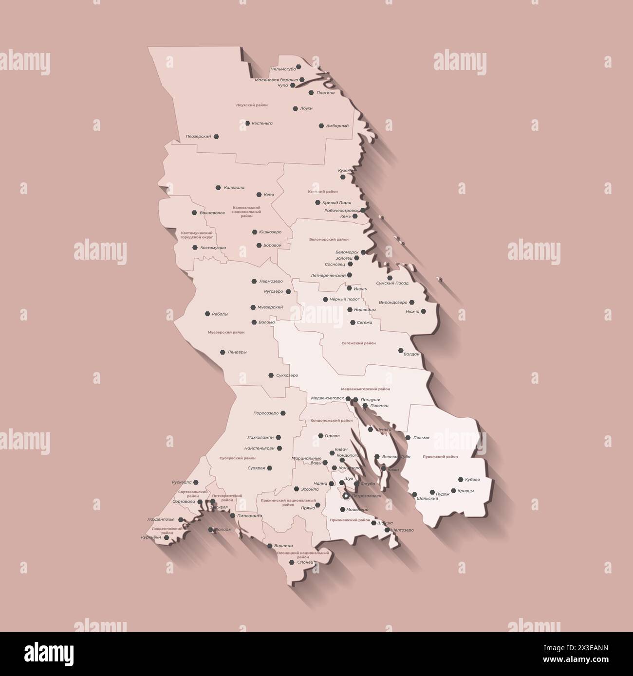 Vector illustration. Simplified administrative map of Republic of Karelia, Russian region. Beige shapes of districs. Brown background. Note, names of Stock Vector