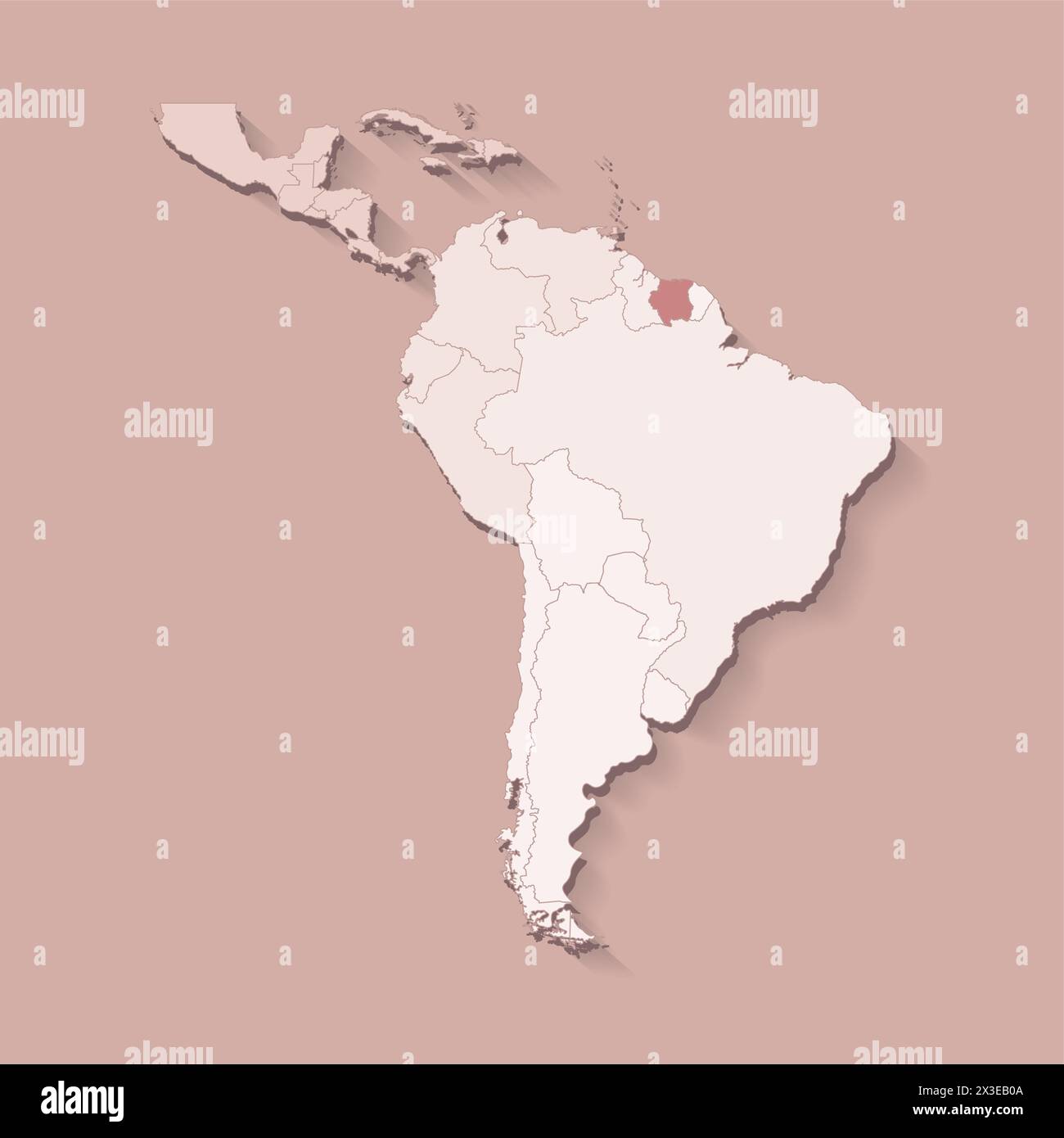 Vector illustration with South America land with borders of states and marked country Suriname. Political map in brown colors with regions. Beige back Stock Vector