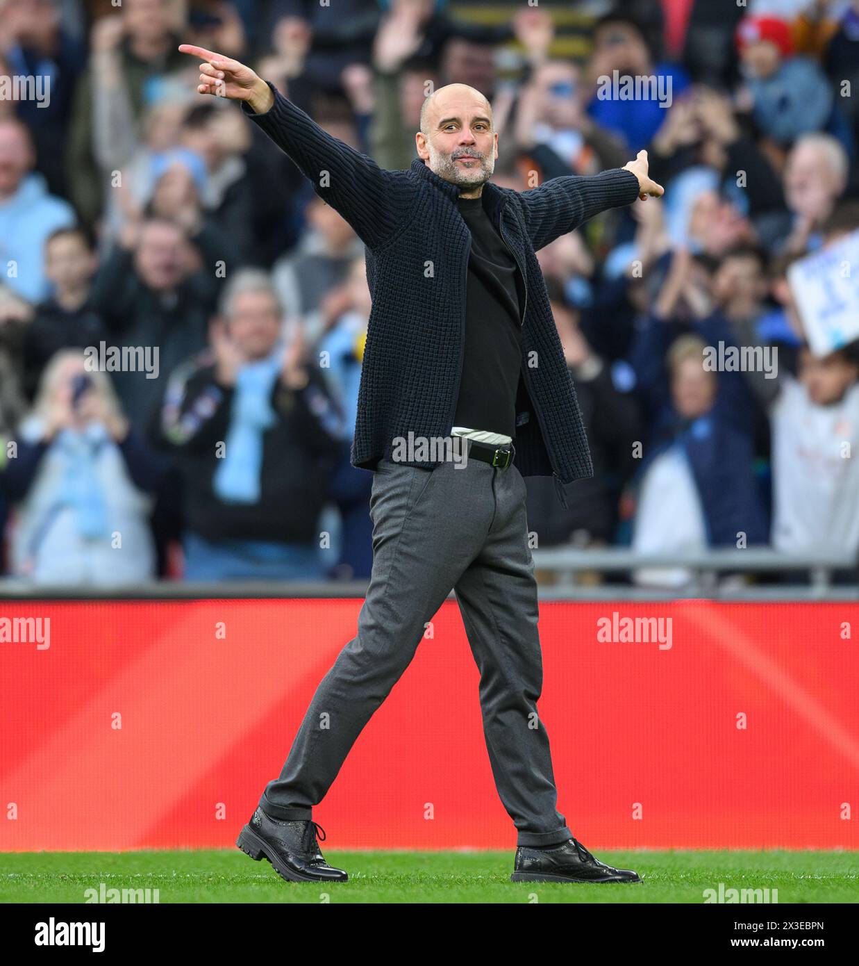 London, UK. 20th Apr, 2024 - Manchester City v Chelsea - FA Cup Semi-Final - Wembley.                                                                         Manchester City Manager Pep Guardiola celebrates victory.                                Picture Credit: Mark Pain / Alamy Live News Stock Photo