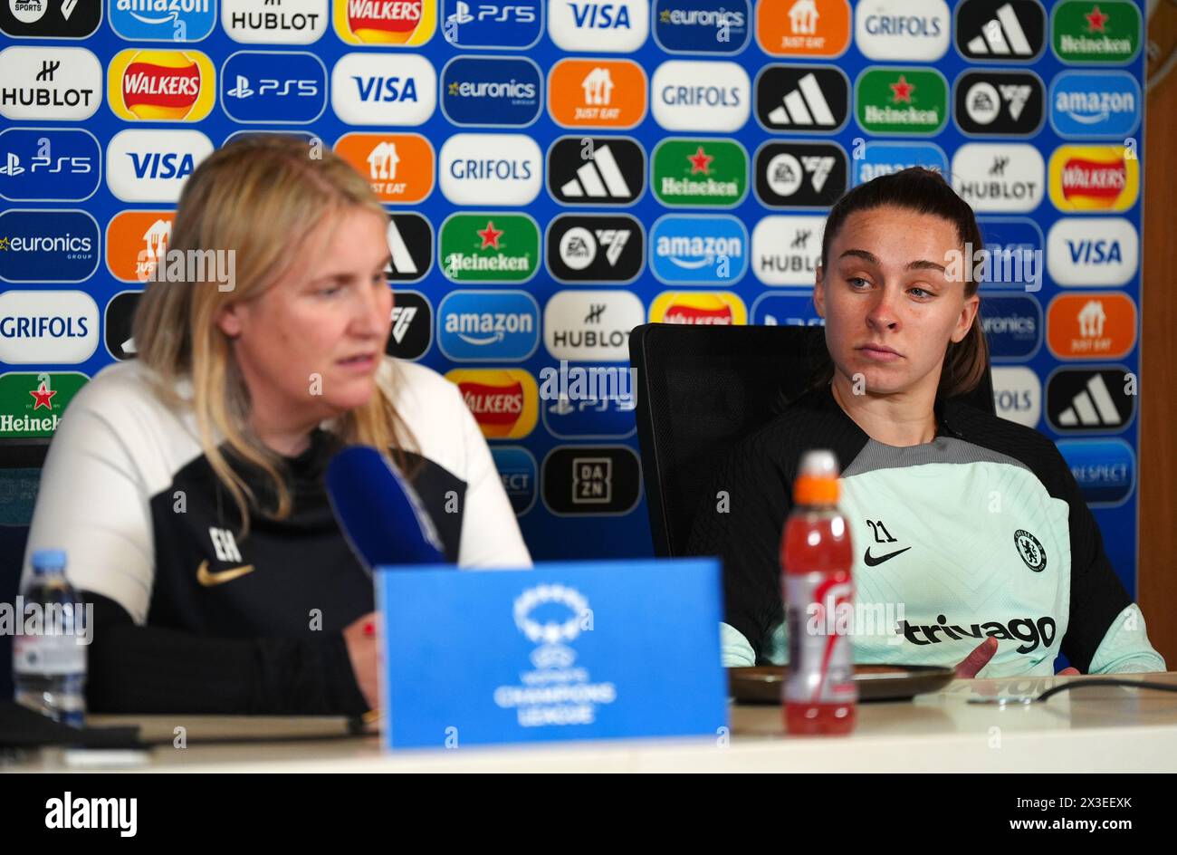 Chelsea's Niamh Charles with manager Emma Hayes during a press conference at Cobham Training Centre, Surrey. Picture date: Friday April 26, 2024. Stock Photo