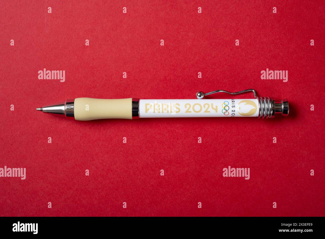 ZHONGSHAN China-April 24 2024: ball point with Paris Olympic Games 2024 symbols. Stock Photo