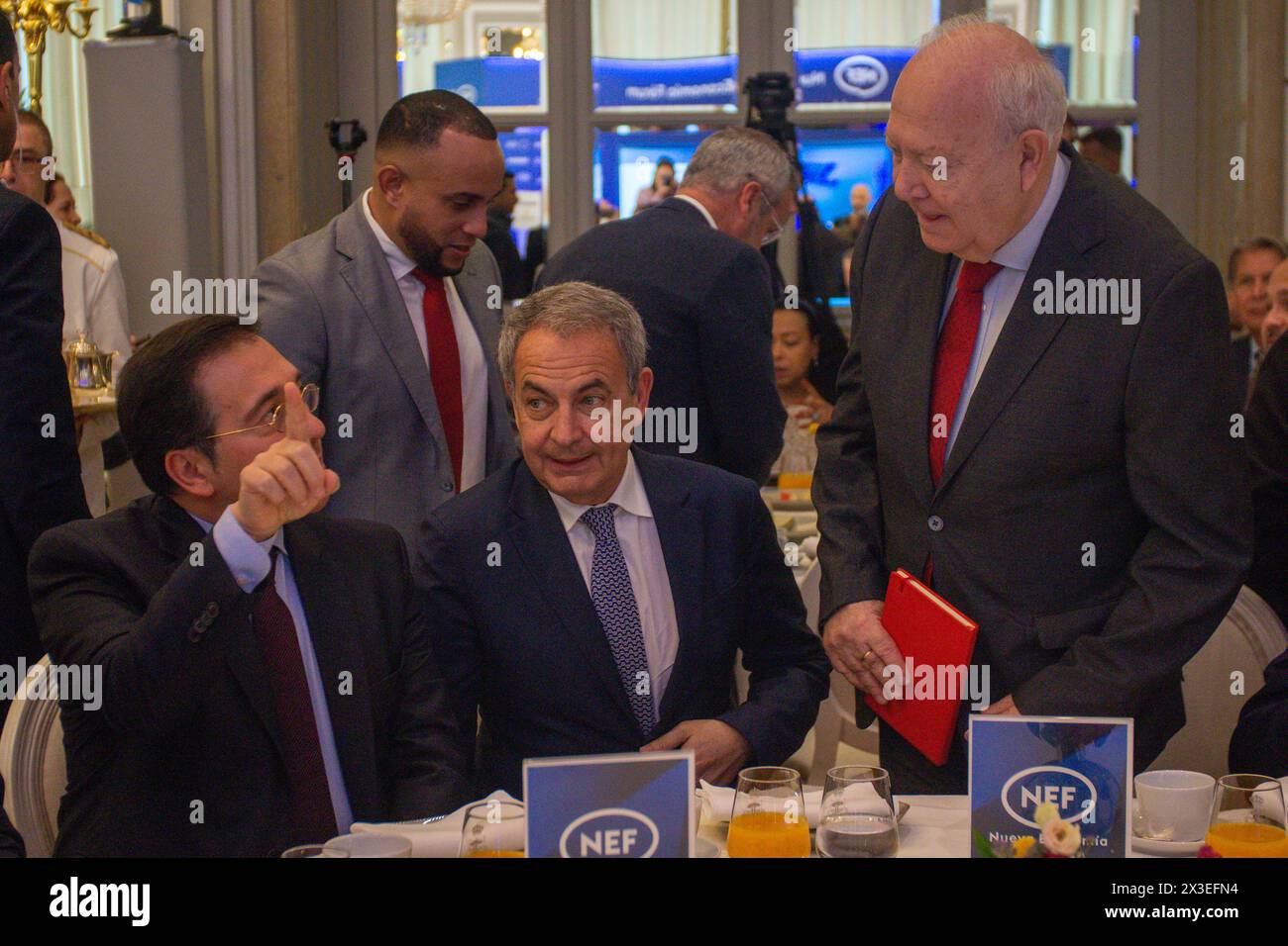 José Manuel Albares (L), Minister of Foreign Affairs, European Union and Cooperation of the Kingdom of Spain, José Luis Rodríguez Zapatero (C) former President of the Government of Spain and Miguel Ángel Moratinos (R), Spanish diplomat and high representative of the United Nations during an informative breakfast. Miguel Ángel Moratinos, Deputy Secretary General and High Representative for the UN Alliance of Civilizations, participated this morning in an informative breakfast organized by Nueva Economia Forum at the Ritz Hotel in Madrid. Stock Photo