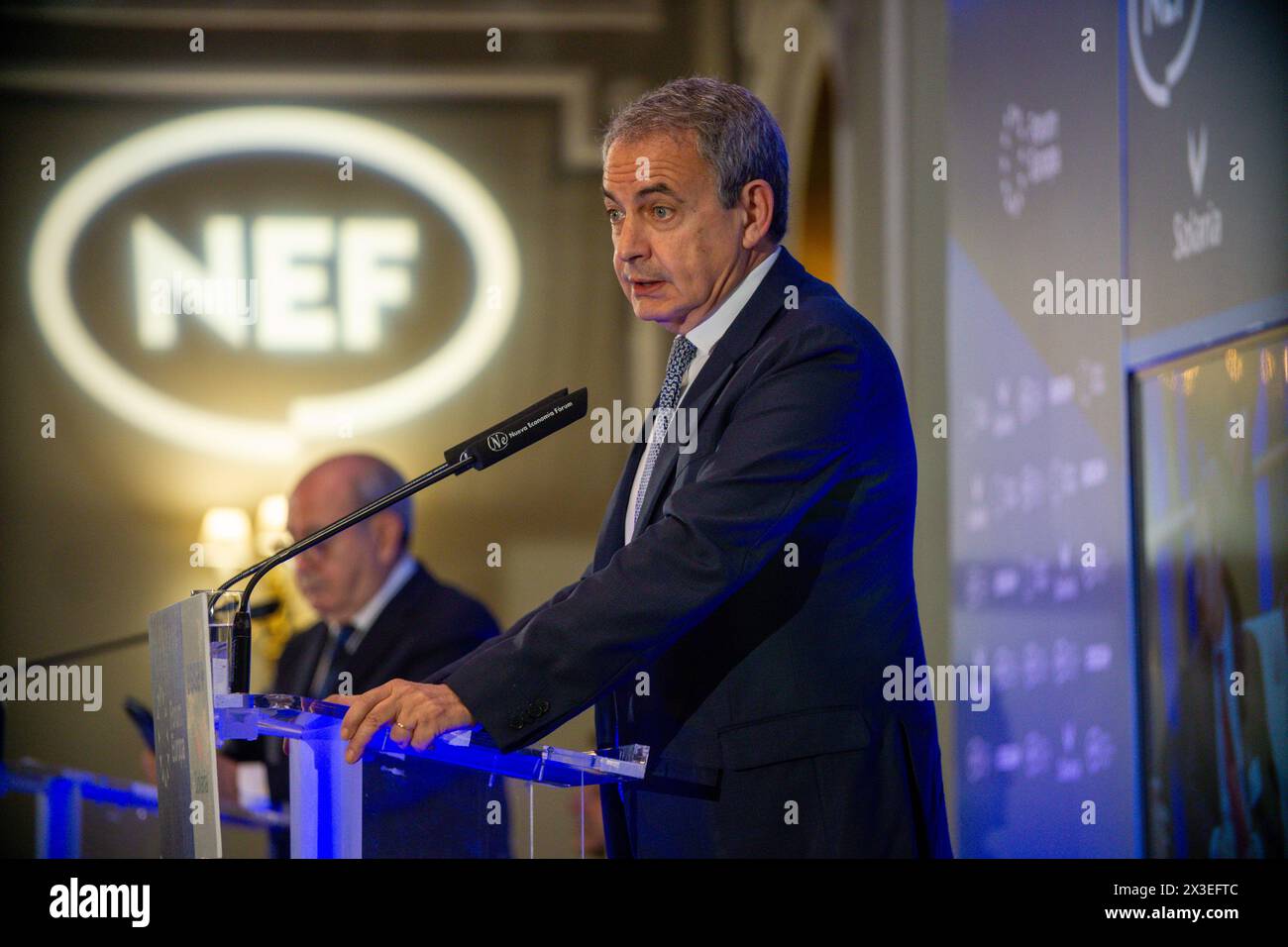 Madrid, Spain. 26th Apr, 2024. José Luis Rodríguez Zapatero, former president of the Government of Spain, addresses those present during an informative breakfast. Miguel Ángel Moratinos, Deputy Secretary General and High Representative for the UN Alliance of Civilizations, participated this morning in an informative breakfast organized by Nueva Economia Forum at the Ritz Hotel in Madrid. Credit: SOPA Images Limited/Alamy Live News Stock Photo