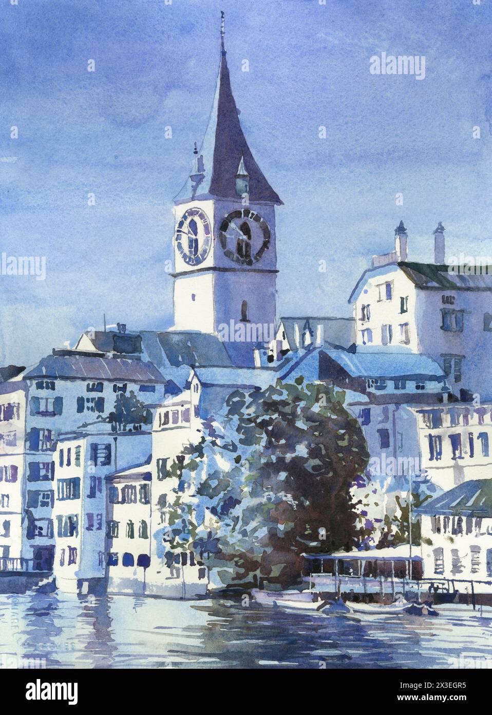 Zurich Switzerland skyline colorful watercolor painting medieval architecture travel gift handmade item trending now giclee (print) Stock Photo