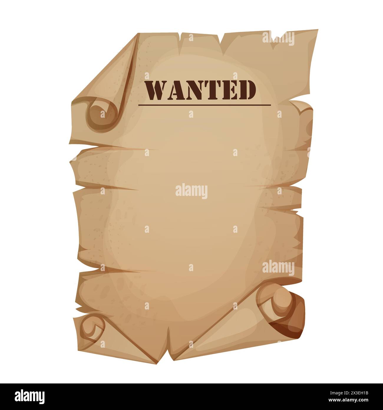 Wanted parchment paper banner, poster template wild west reward flyer isolated on white background. Aged frame, rustic western award, search sign, sheriff criminal notice with grunge paper texture. Vector illustration Stock Vector