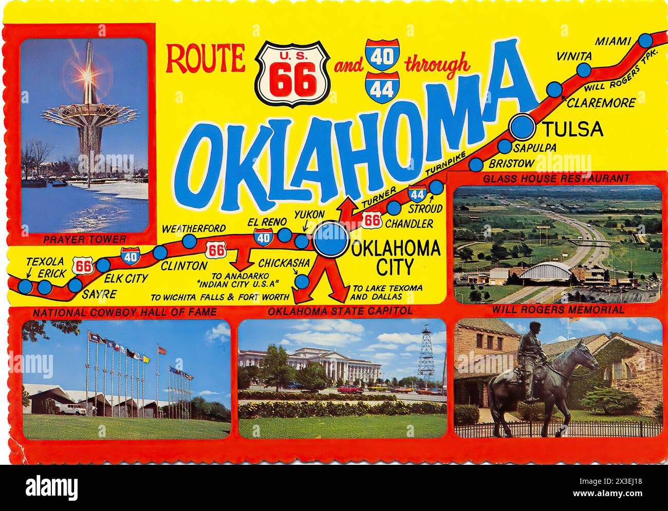 Route 66 and 40 44 through Oklahoma - Vintage postcard Stock Photo