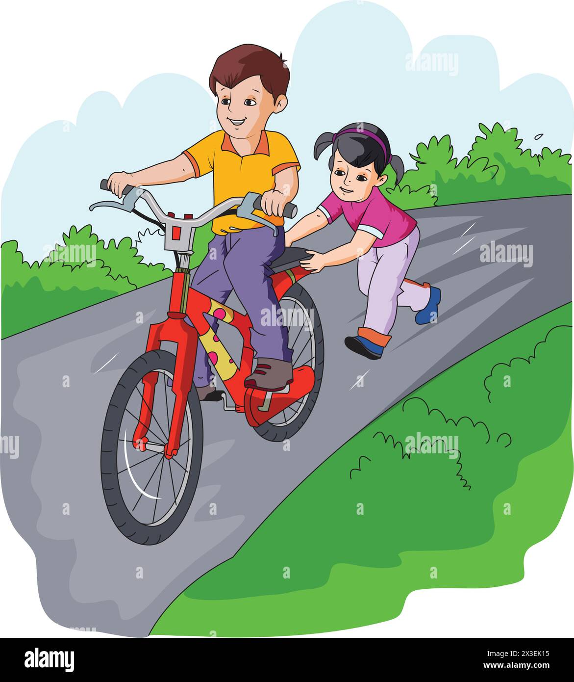 Boy Riding a Bicycle with Girl Vector Illustration Stock Vector