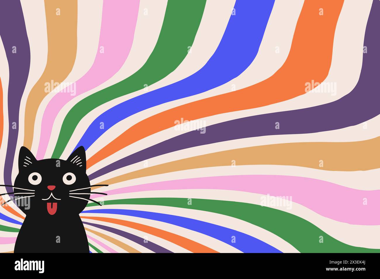 Groovy abstract rainbow swirl background with cute black cat. Retro vector design in 1960-1970s style. Vintage sunburst backdrop. Stock Vector