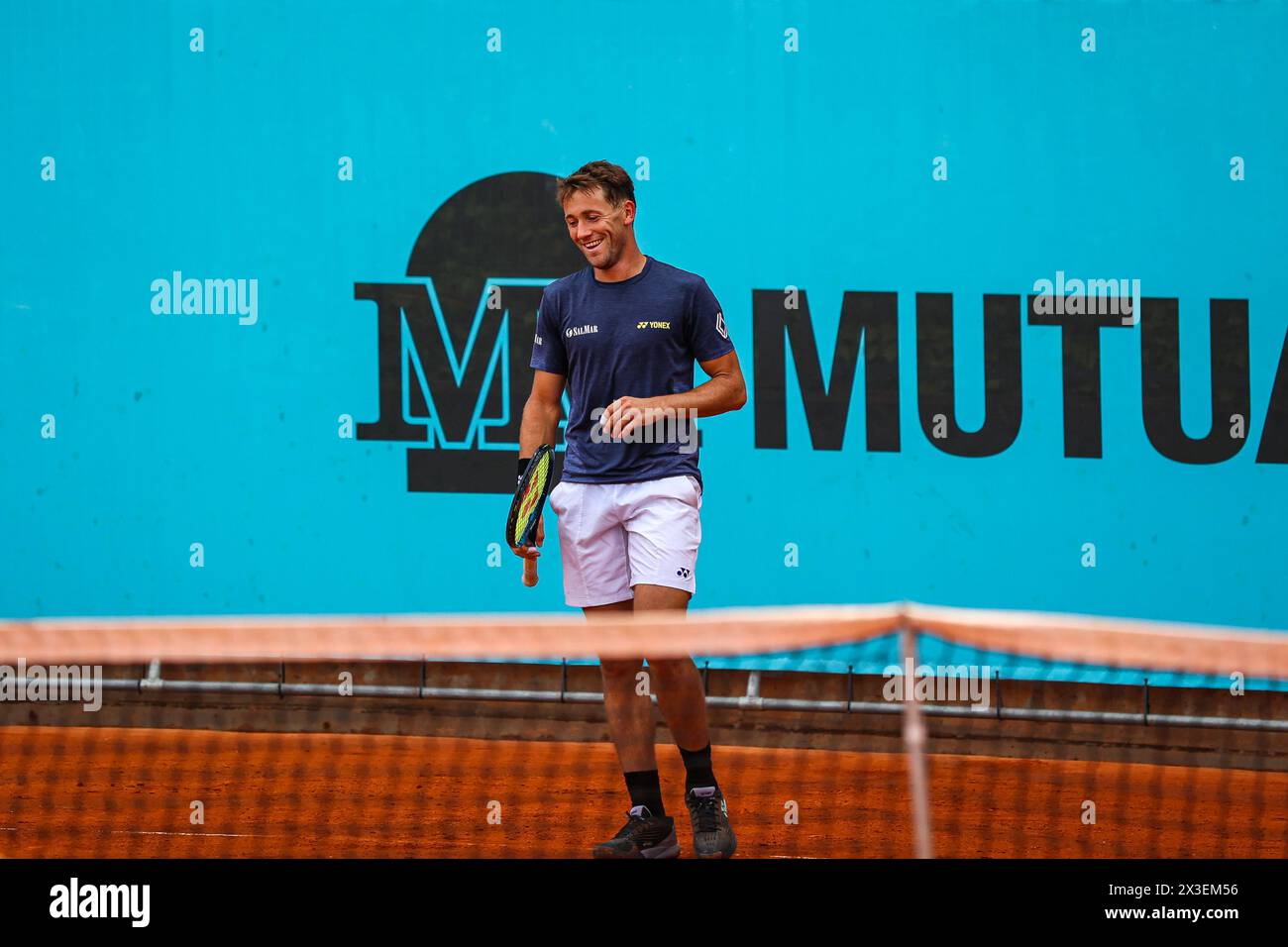 Usera, Spain. 26th Apr, 2024. Casper Ruud of Norway practice against Jannik Sinner of Italy on Day Five of the Mutua Madrid Open 2024 tournament at La Caja Magica. Credit: SOPA Images Limited/Alamy Live News Stock Photo