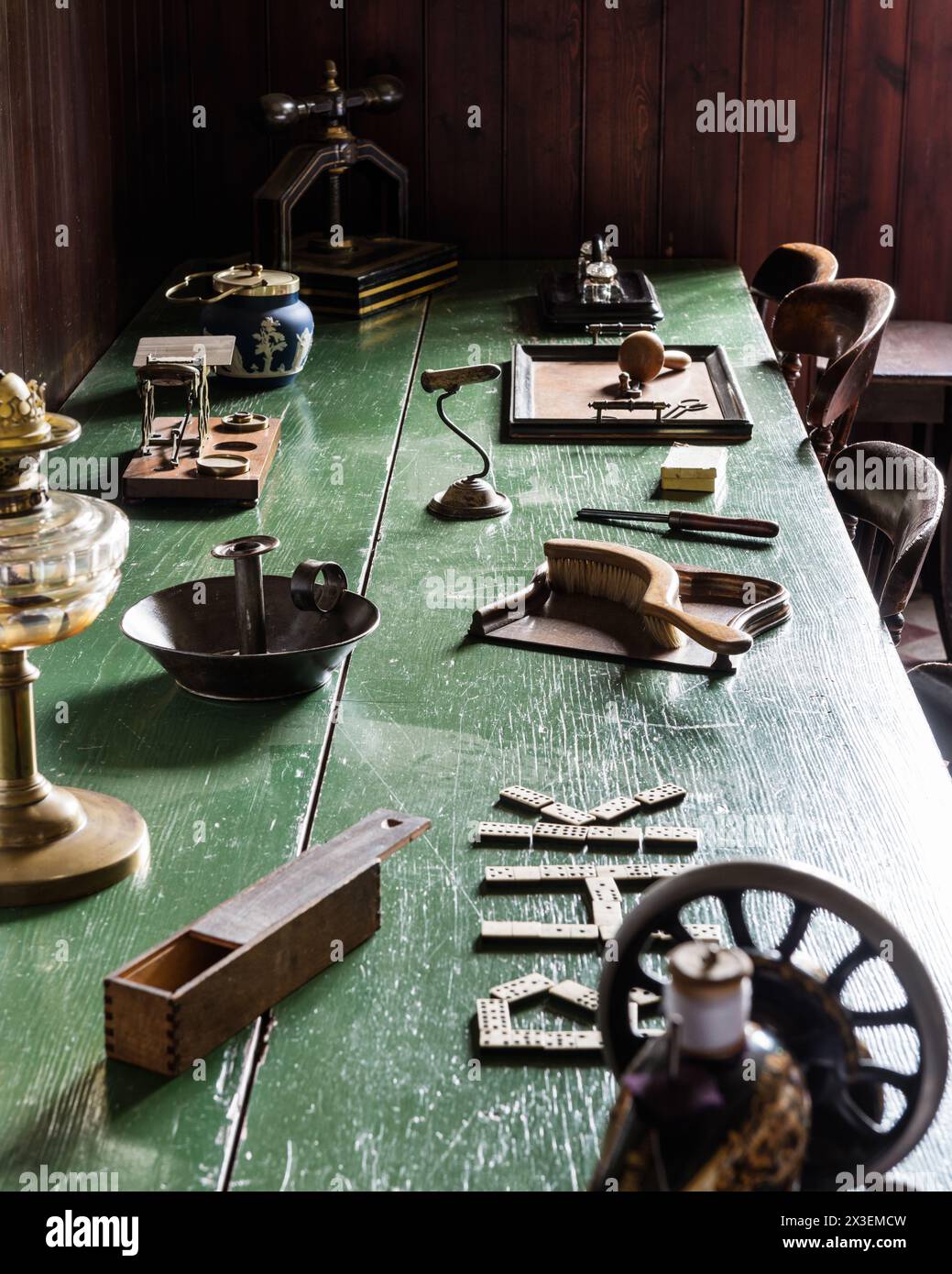 Antique stationery on desk at Speke Hall, Grade I listed National Trust Tudor manor house,  Liverpool, England, UK. Stock Photo