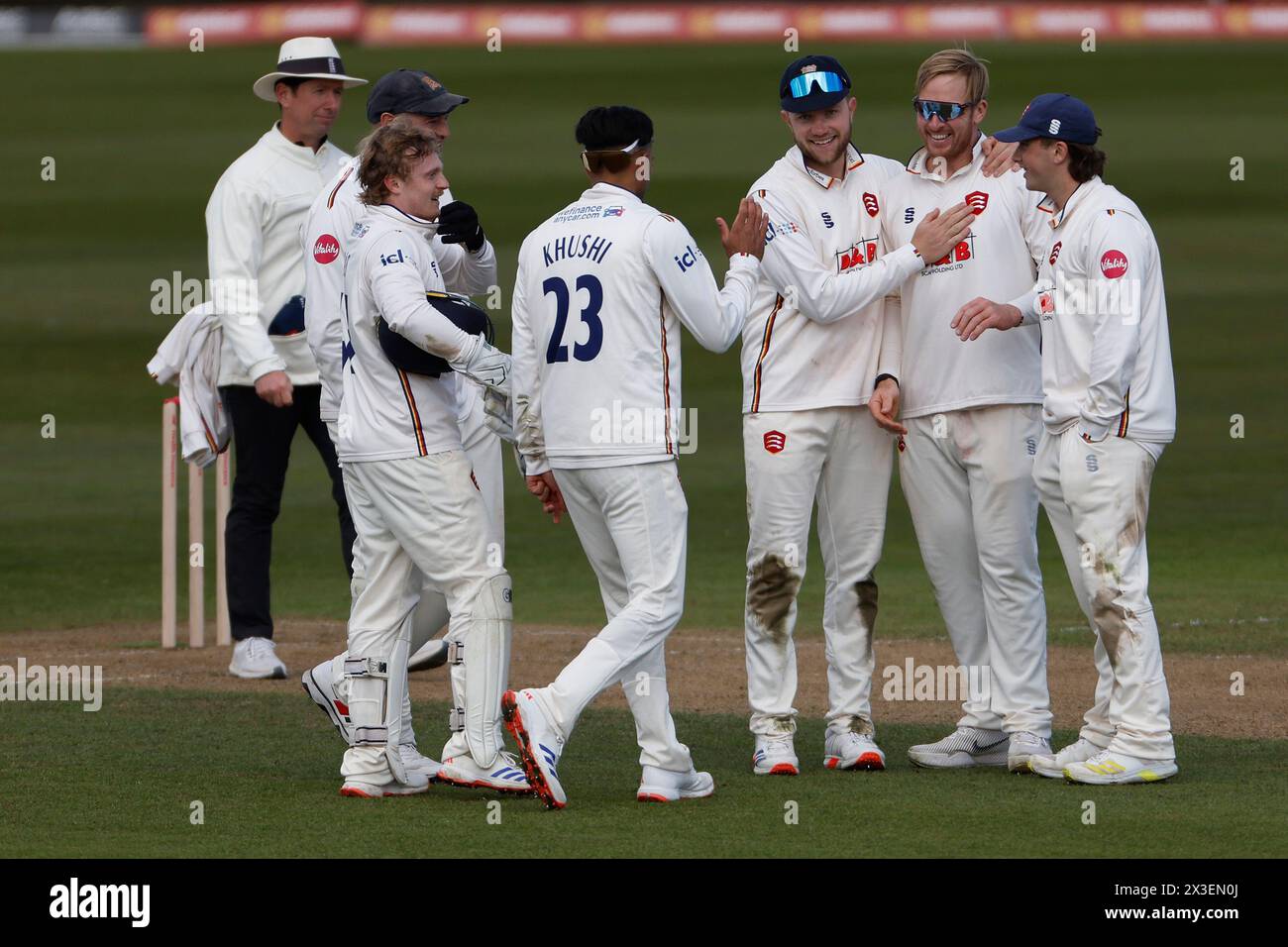 Essex Simon Hamer celebrates with his team mates after bowling Durham's Graham Clark during the LV= County Championship match between Durham County Cricket Club and Essex at the Seat Unique Riverside, Chester le Street on Friday 26th April 2024. (Photo: Mark Fletcher | MI News) Credit: MI News & Sport /Alamy Live News Stock Photo