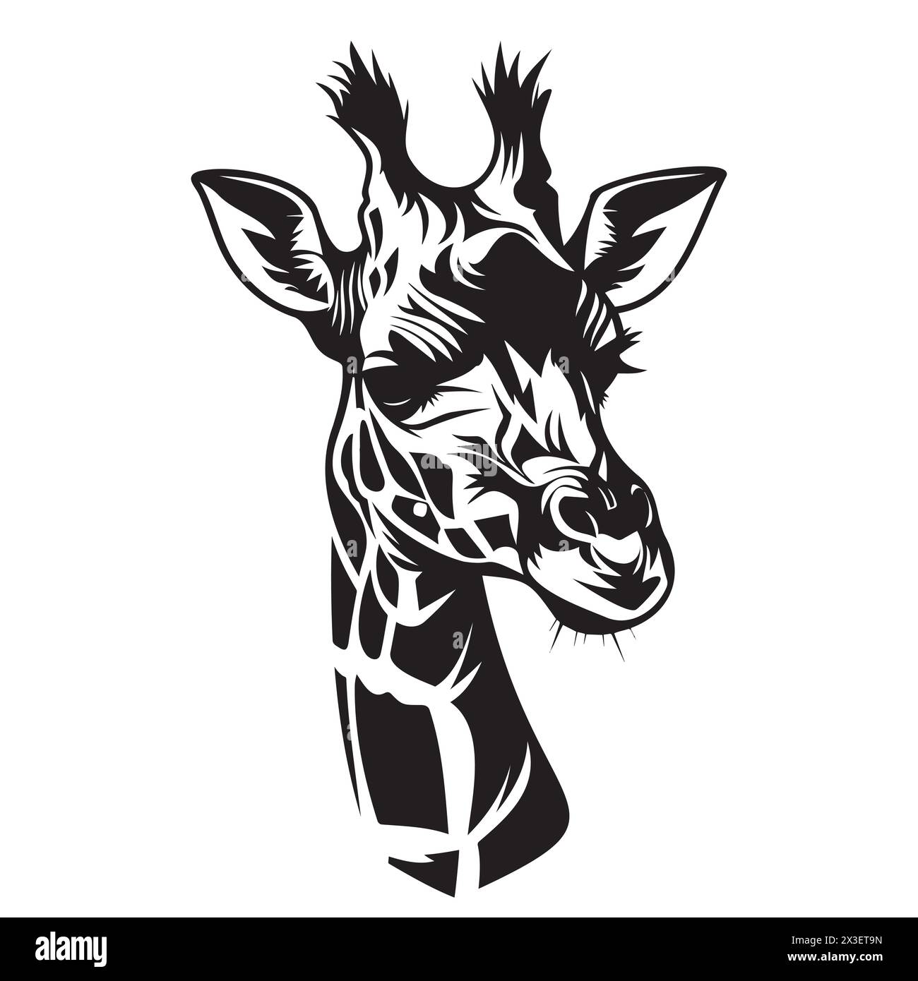 Monochrome image of a giraffe s head with a long neck on a white canvas Stock Vector