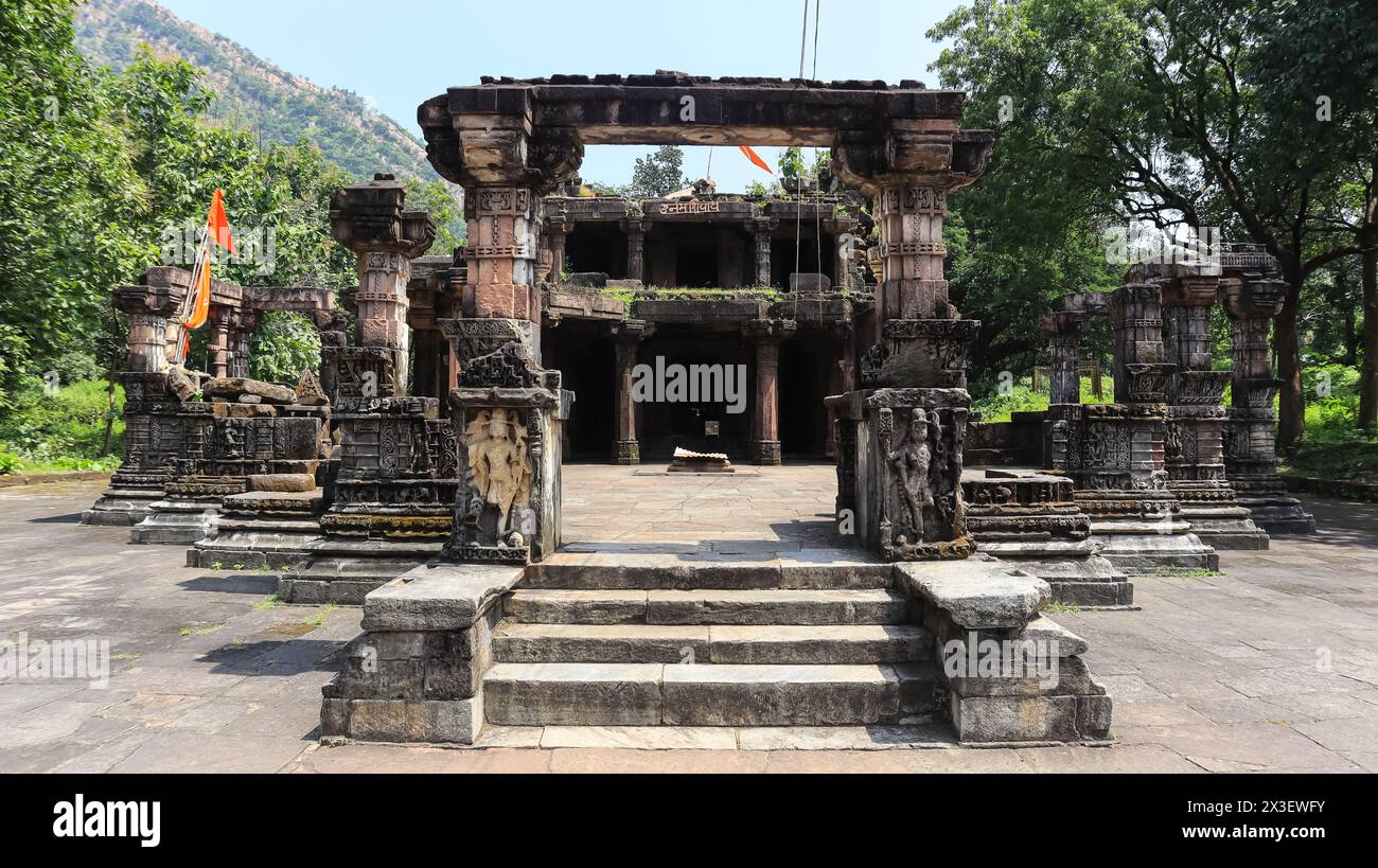 The Ruin View of Shri Sharneshwar Mahadev Temple, 15th Century Hindu Religious Place, Bandhana, Polo Forest, Gujarat, India. Stock Photo