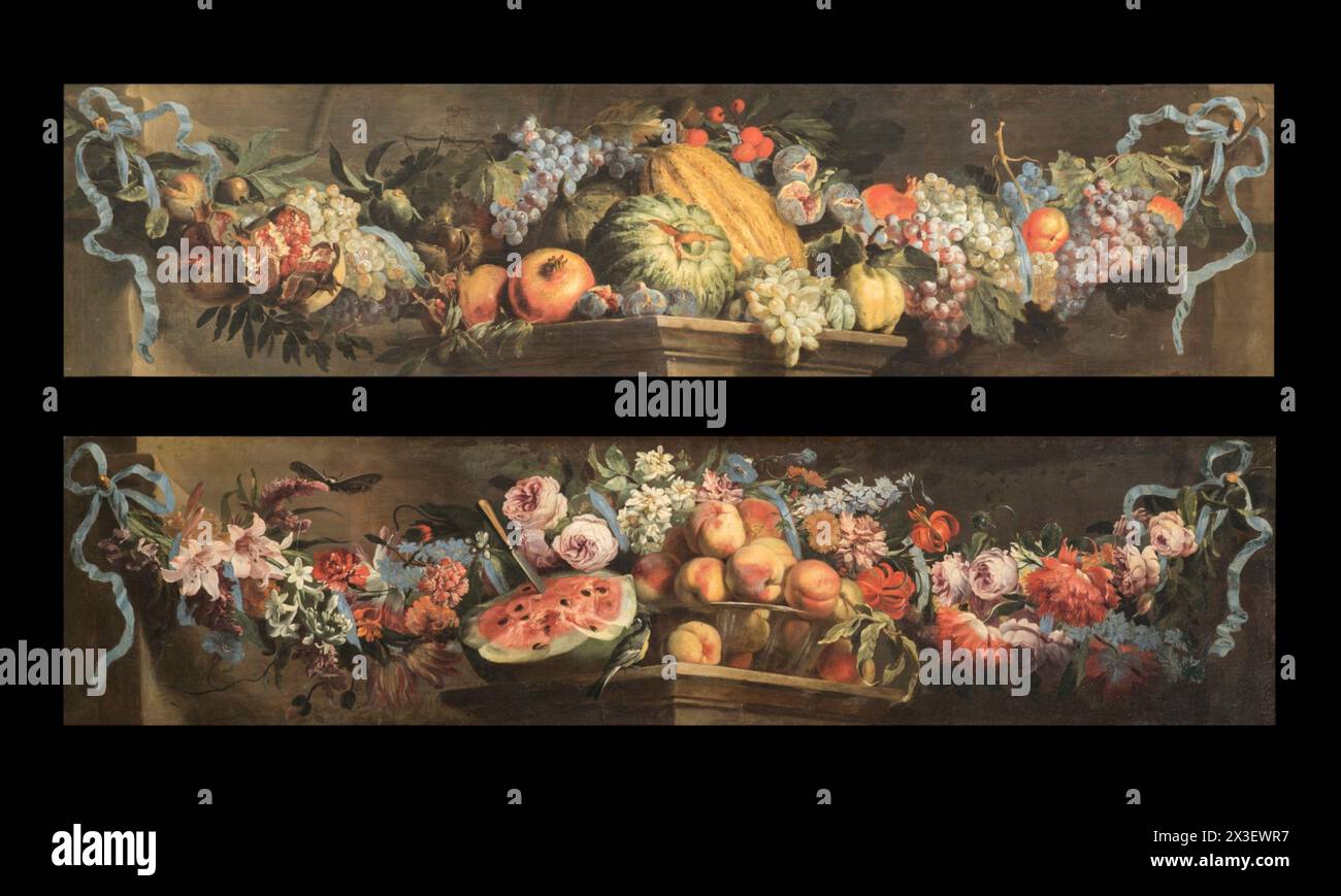 Still life Painting - Abraham Brueghel - Flowers and fruit (Fall and Winter) Stock Photo