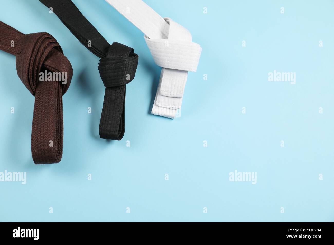 Karate belts on light blue background, flat lay. Space for text Stock ...