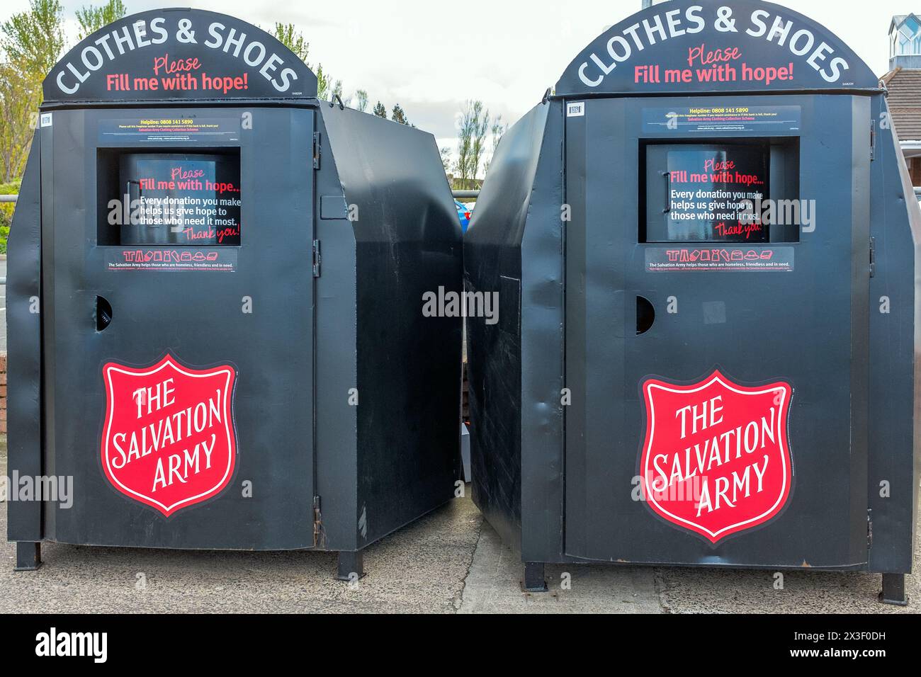 Salvation Army charity clothes and shoes bin, Ayr, Ayrshire, Scotland, Stock Photo