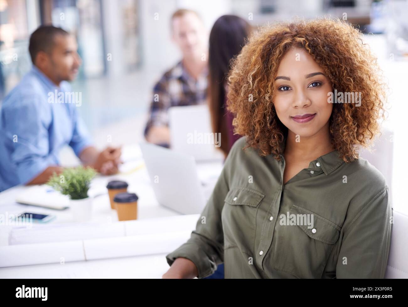 Meeting, interior design agency and portrait of business woman in creative office for teamwork, review or planning. Company, smile and female employee Stock Photo