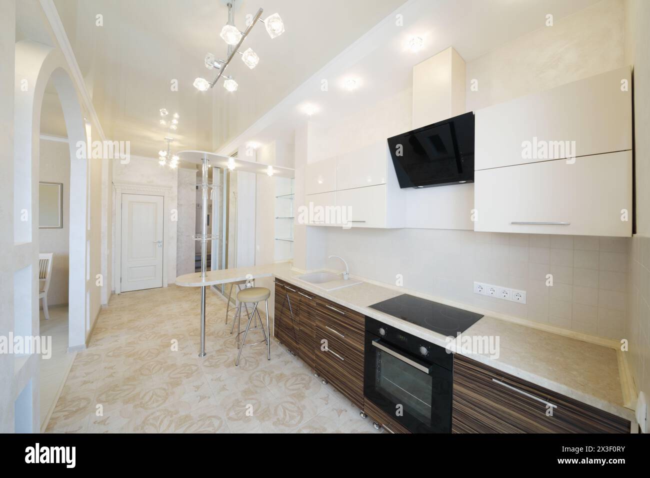 Modern empty kitchen with stylish, simple furniture, integrated oven ...