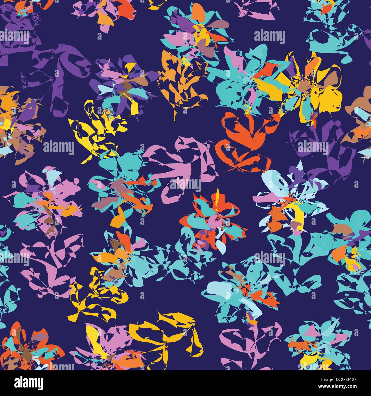 An artistic textile pattern featuring a seamless design of colorful flowers in shades of azure, purple, violet, and magenta on a dark blue background Stock Vector
