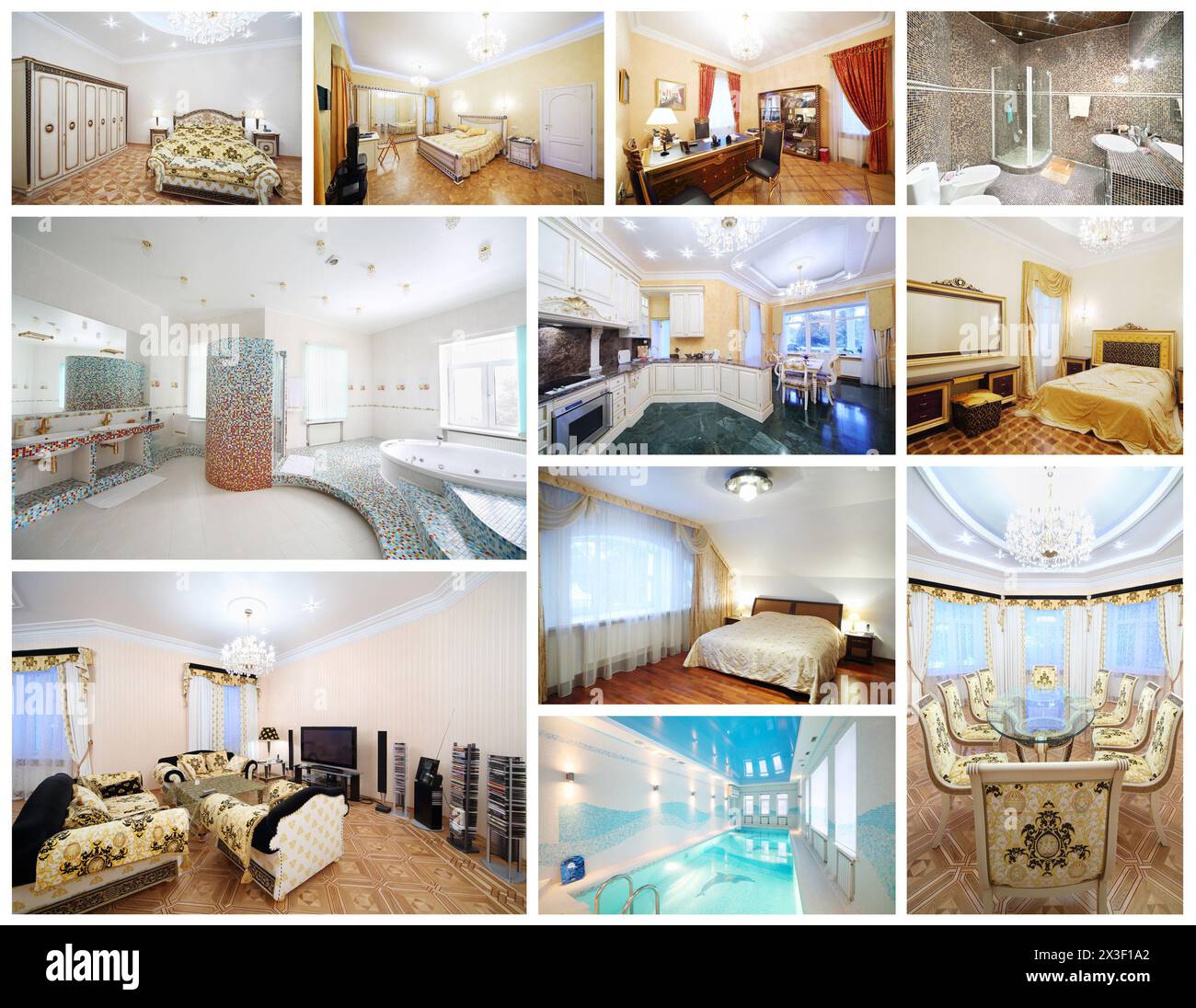 Collage with beautiful interiors - living room, bathroom, bedroom Stock Photo