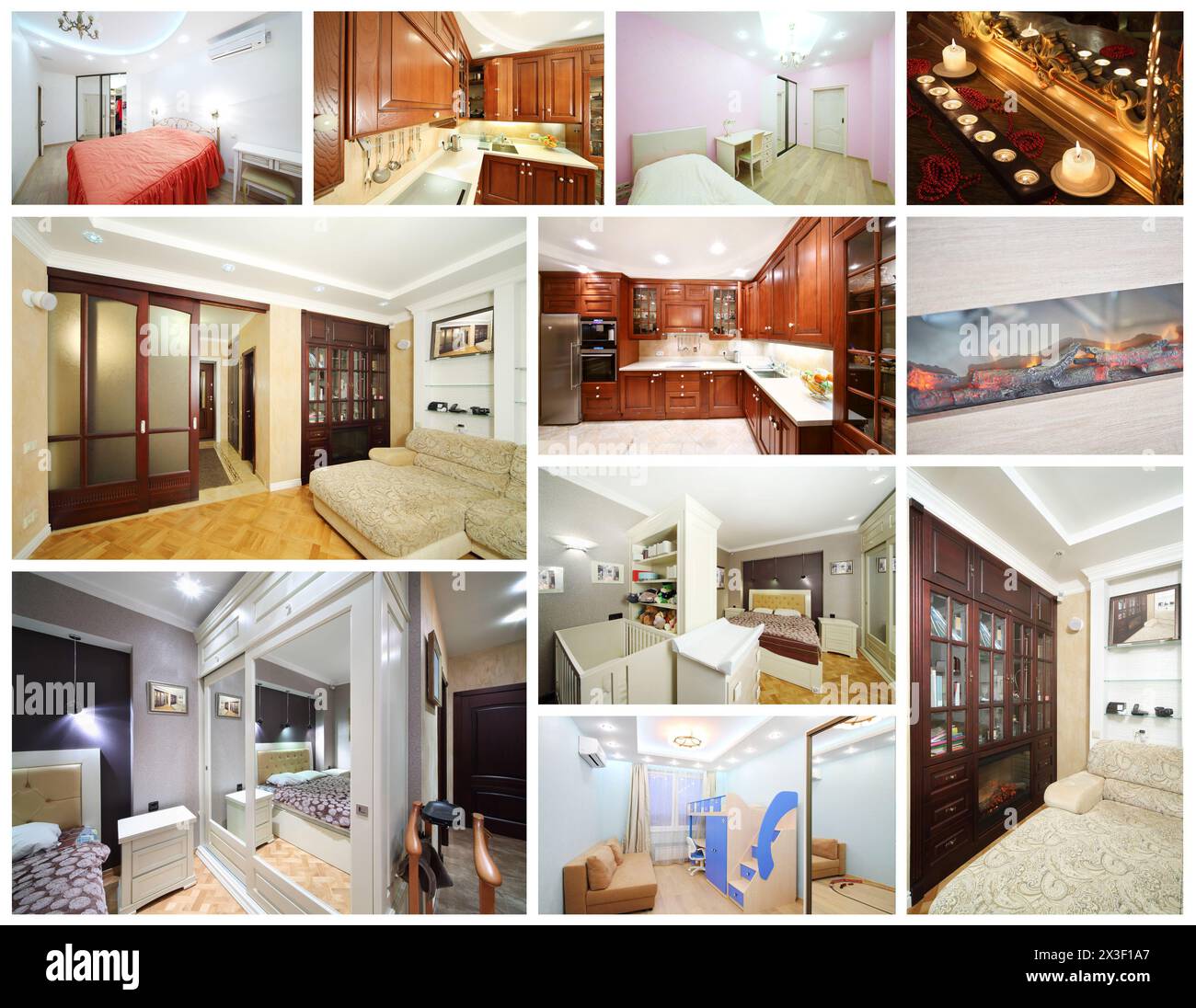 Collage with beautiful interiors of apartments - living room, bedroom, kitchen Stock Photo