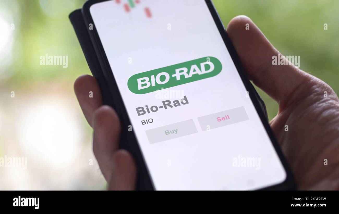 Bio-Rad on the screen of an exchange. Bio Rad price stocks, $BIO on a device. Stock Photo