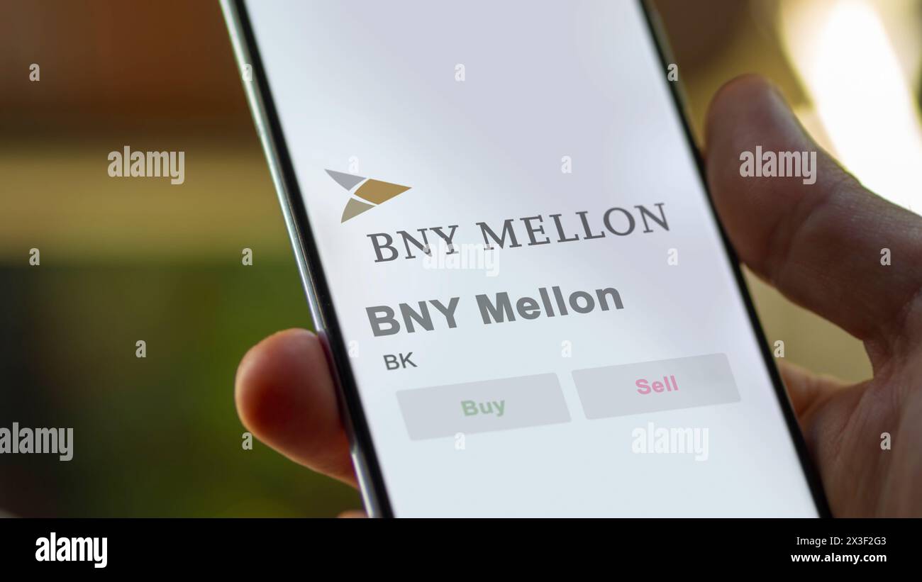 The logo of BNY Mellon on the screen of an exchange. BNY Mellon price ...