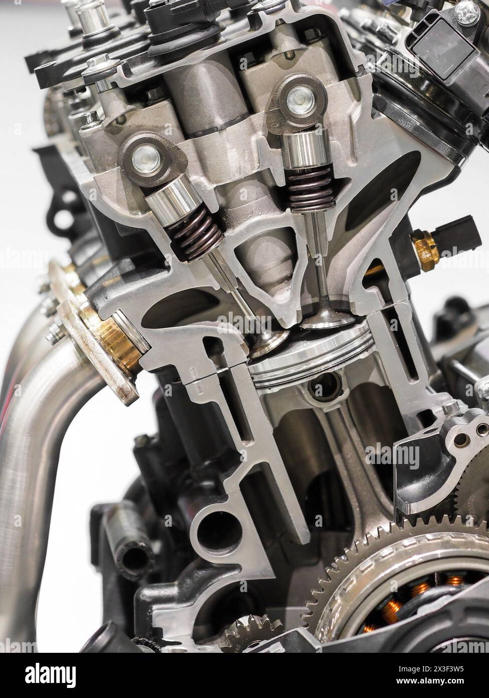 Inside view of engine section, close up detail of piston in cylinder