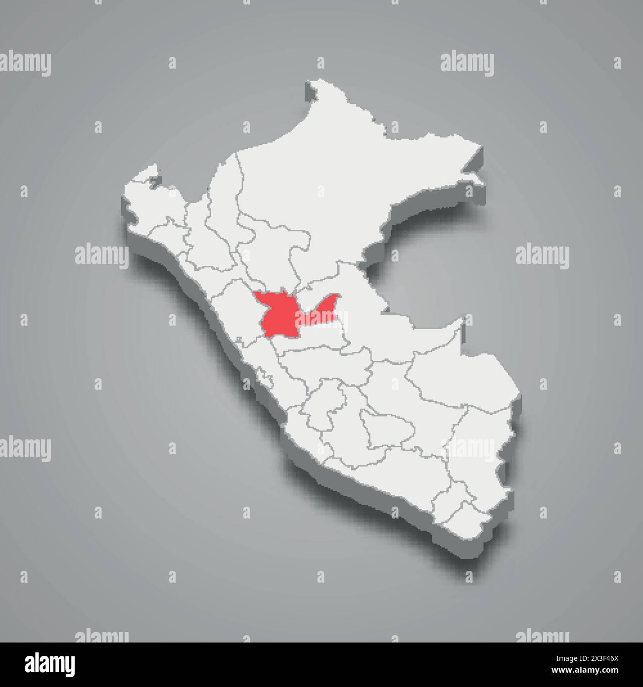 Huanuco department highlighted in red on a grey Peru 3d map Stock