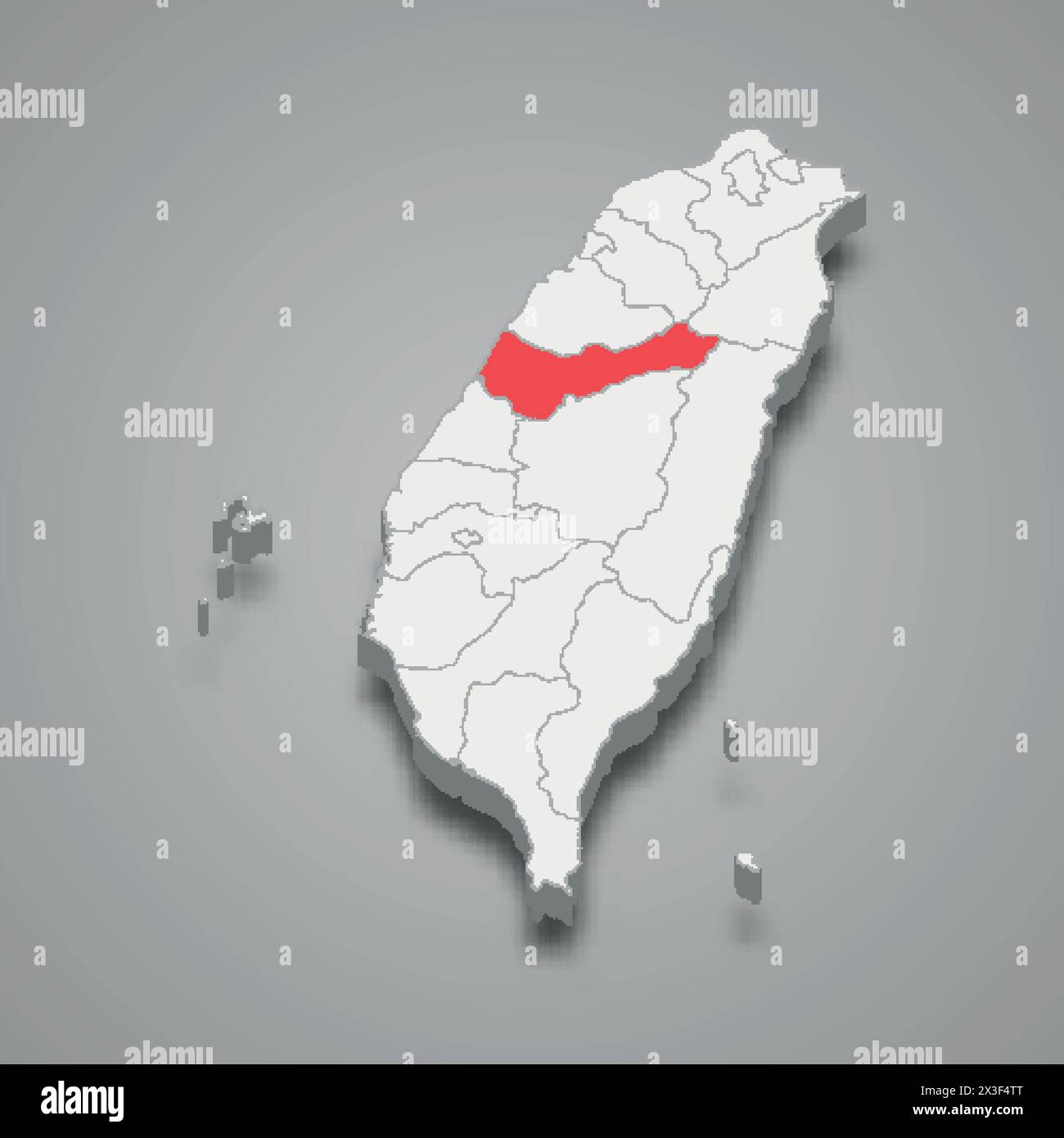 Taichung City division highlighted in red on a grey Taiwan 3d map Stock Vector