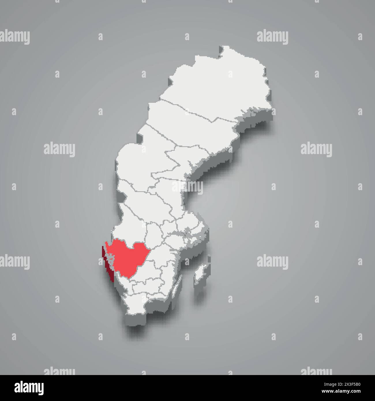 Västra Götaland county highlighted in red on a grey Sweden 3d map Stock ...