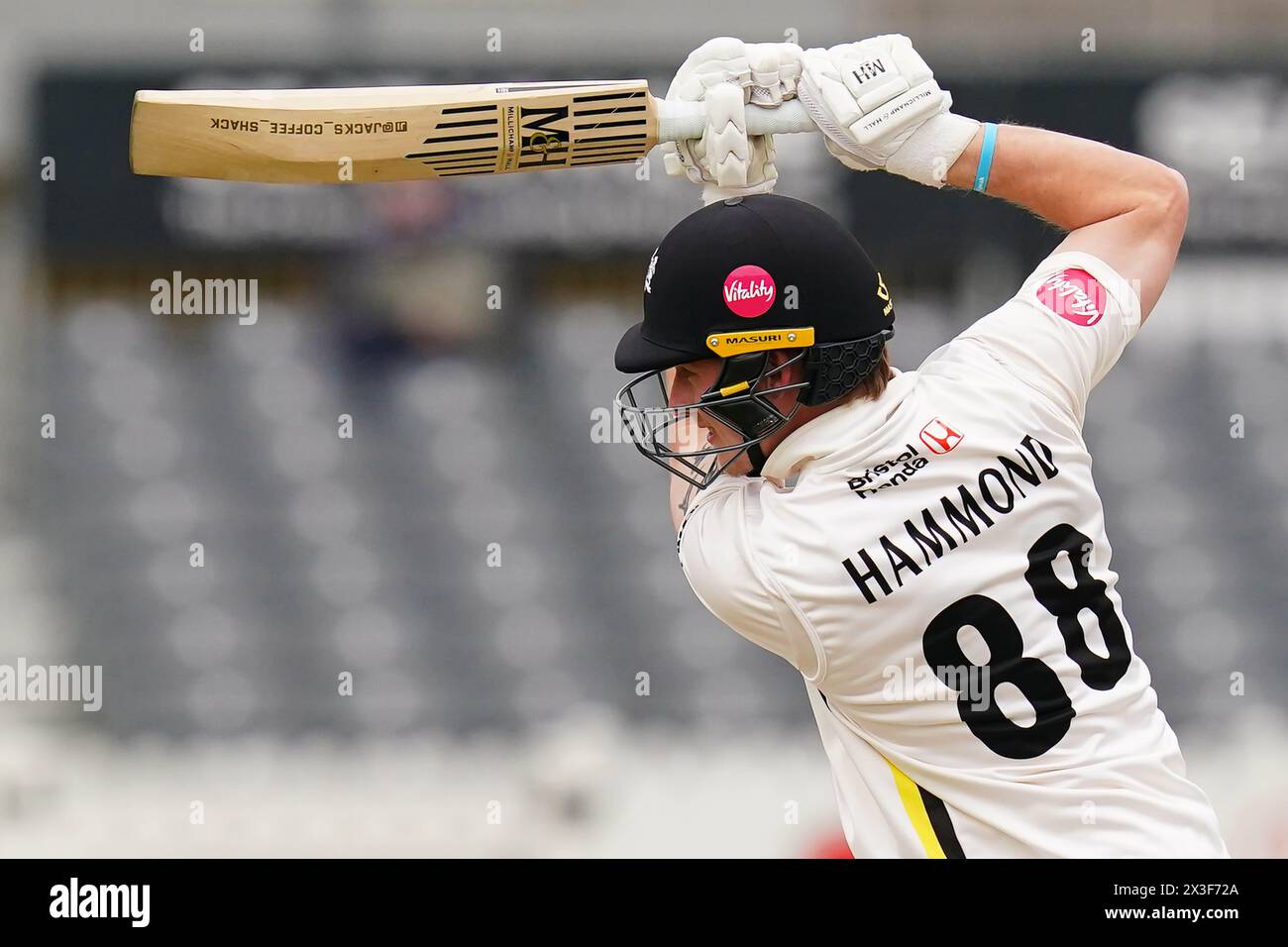 Bristol, UK, 26 April 2024. Gloucestershire's Miles Hammond batting during the Vitality County Championship Division Two match between Gloucestershire and Middlesex. Credit: Robbie Stephenson/Gloucestershire Cricket/Alamy Live News Stock Photo