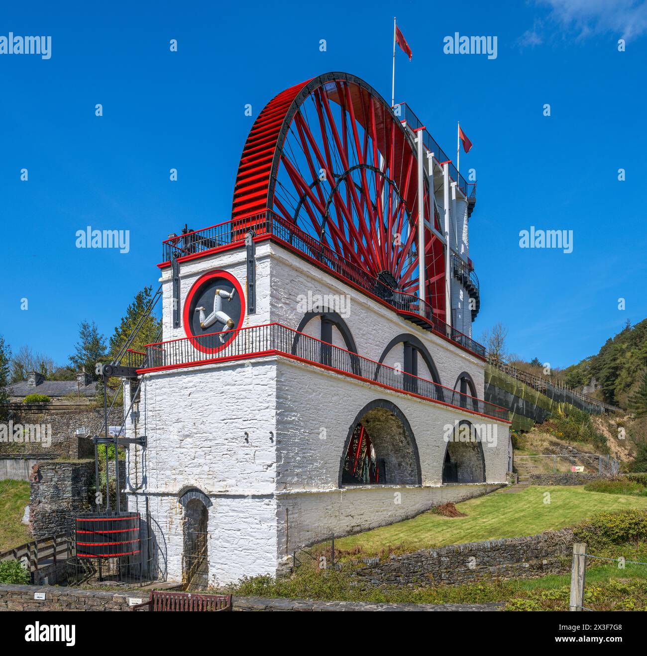 Laxey Wheel. The Great Laxey Wheel or the Lady Isabella Wheel, a giant water wheel in Laxey , Isle of Man, England, UK Stock Photo