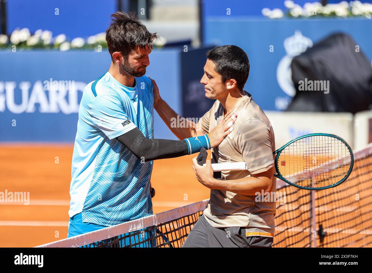 Barcelona, Spain. April 14th, 2024. Tennis players Andrea Vavassori (L) and Harold Mayot (R) seen during the qualification match between Harold Mayot and Andrea Vavassori during the Barcelona Open Banc Sabadell tournament in Barcelona. (Photo credit: Gonzales Photo - Ainhoa Rodriguez Jara). Stock Photo