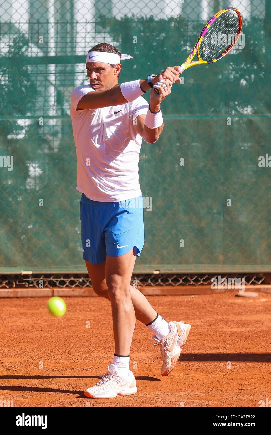 Barcelona, Spain. April 14th, 2024. Tennis player Rafael Nadal seen during a training session at the Barcelona Open Banc Sabadell tournament in Barcelona. (Photo credit: Gonzales Photo - Ainhoa Rodriguez Jara). Stock Photo