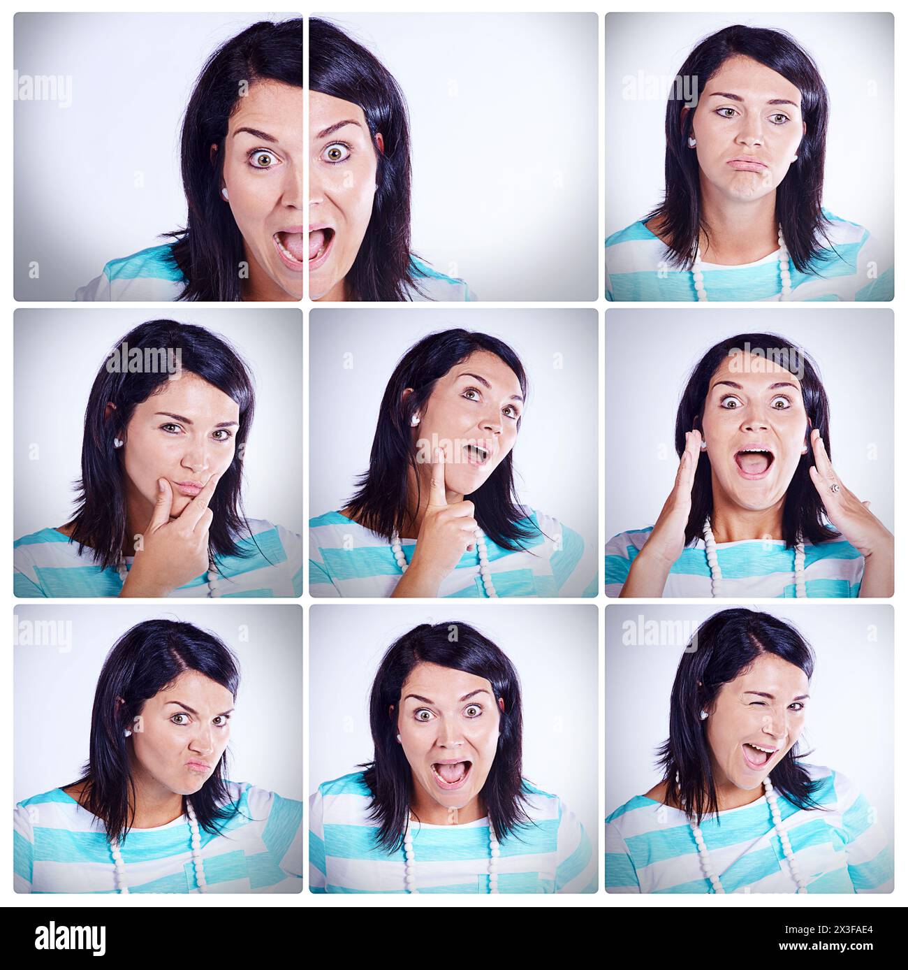 Woman, composite and collage with facial expressions in studio with funny or joyful in portrait with happy. Emotions, comedy and sequence with sad for Stock Photo