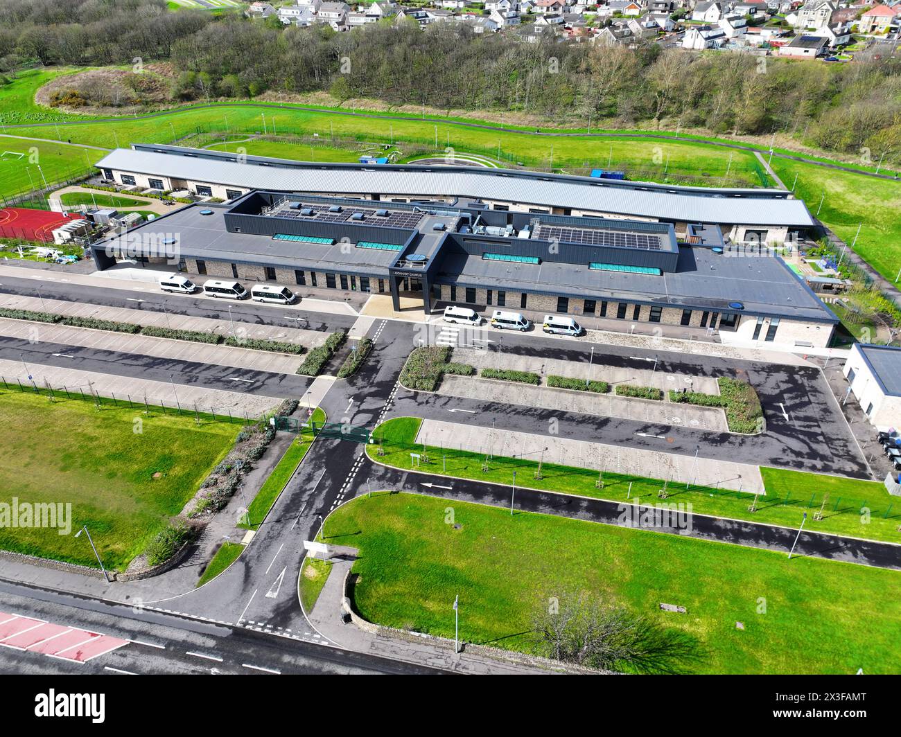 Aerial drone view of Lockhart ASN Campus Stevenston North Ayrshire Stock Photo