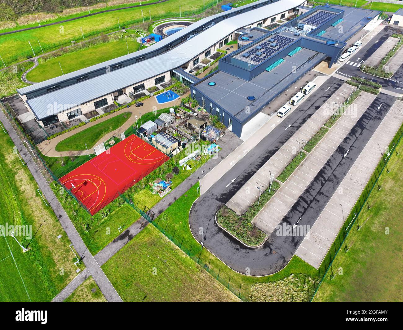 Aerial drone view of Lockhart ASN Campus Stevenston North Ayrshire Stock Photo